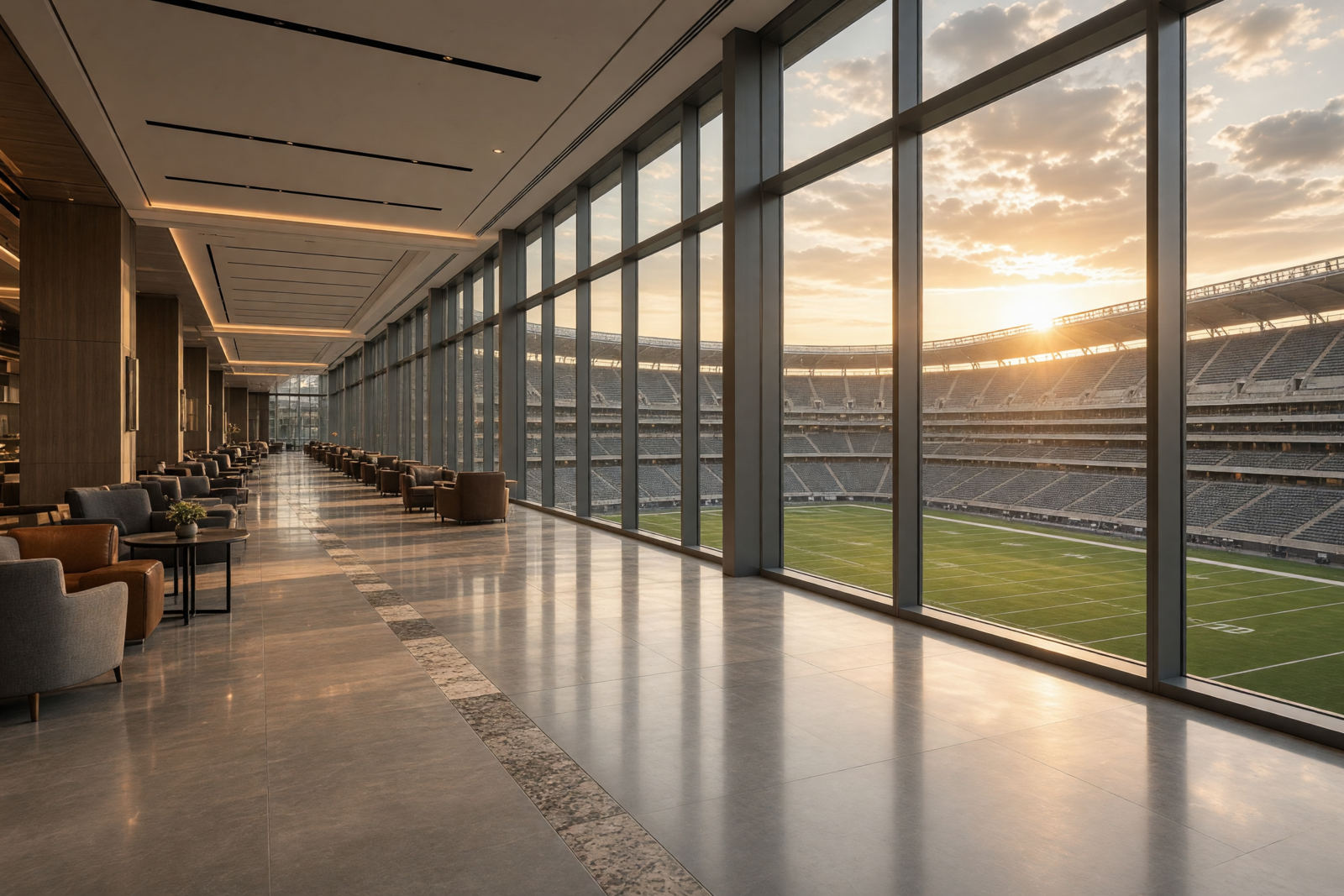 Large-format porcelain floor in a stadium club lounge at sunset, with the field beyond a glass wall