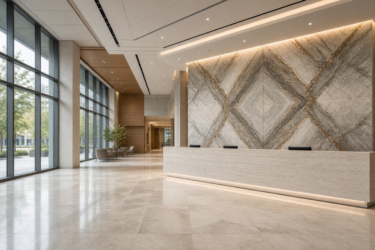 Hospital lobby with a bookmatched marble wall behind a stone reception desk