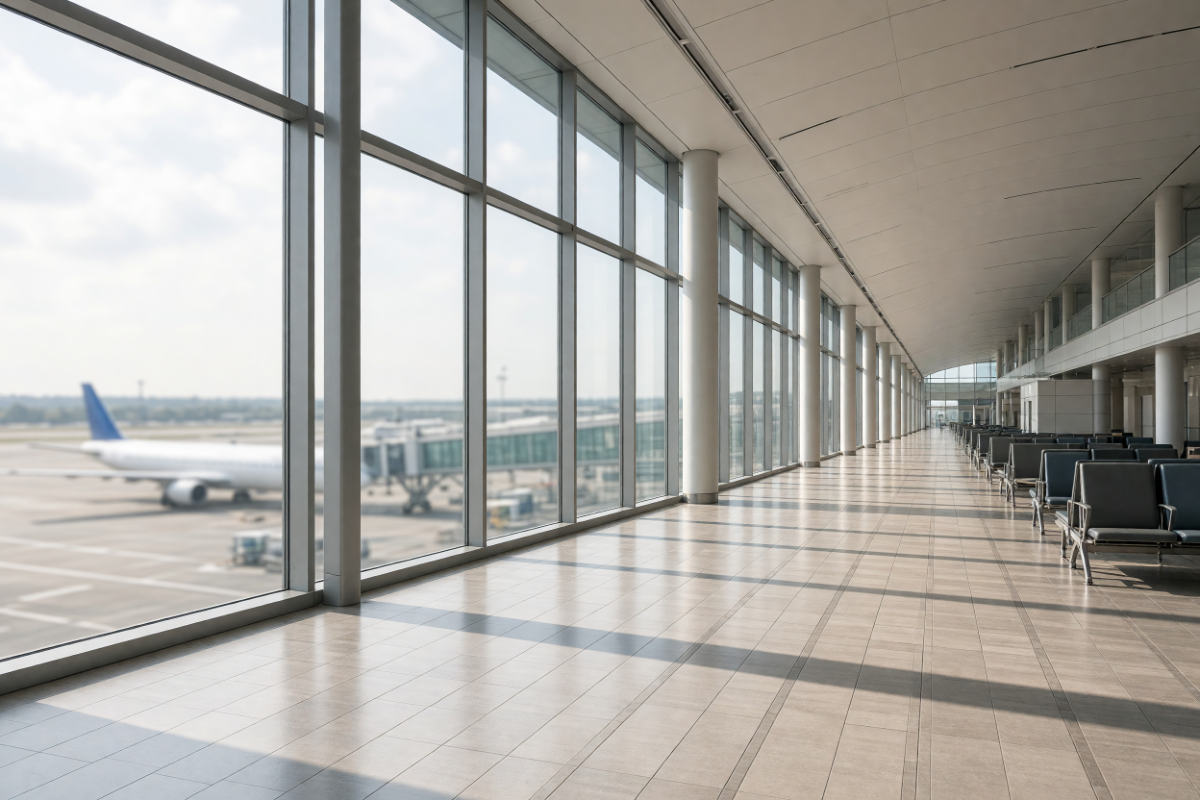 Airport concourse with a long porcelain tile floor beside a curtain wall