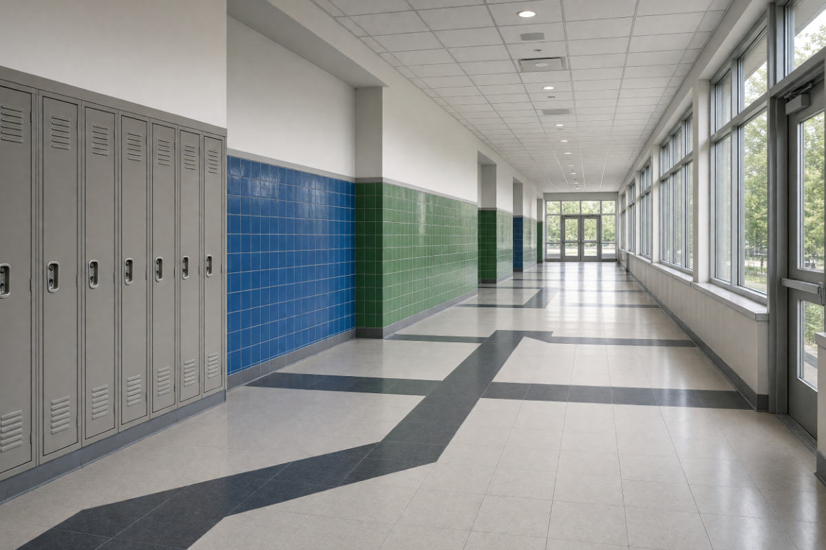 School restroom with banded ceramic wall tile in green, blue and yellow