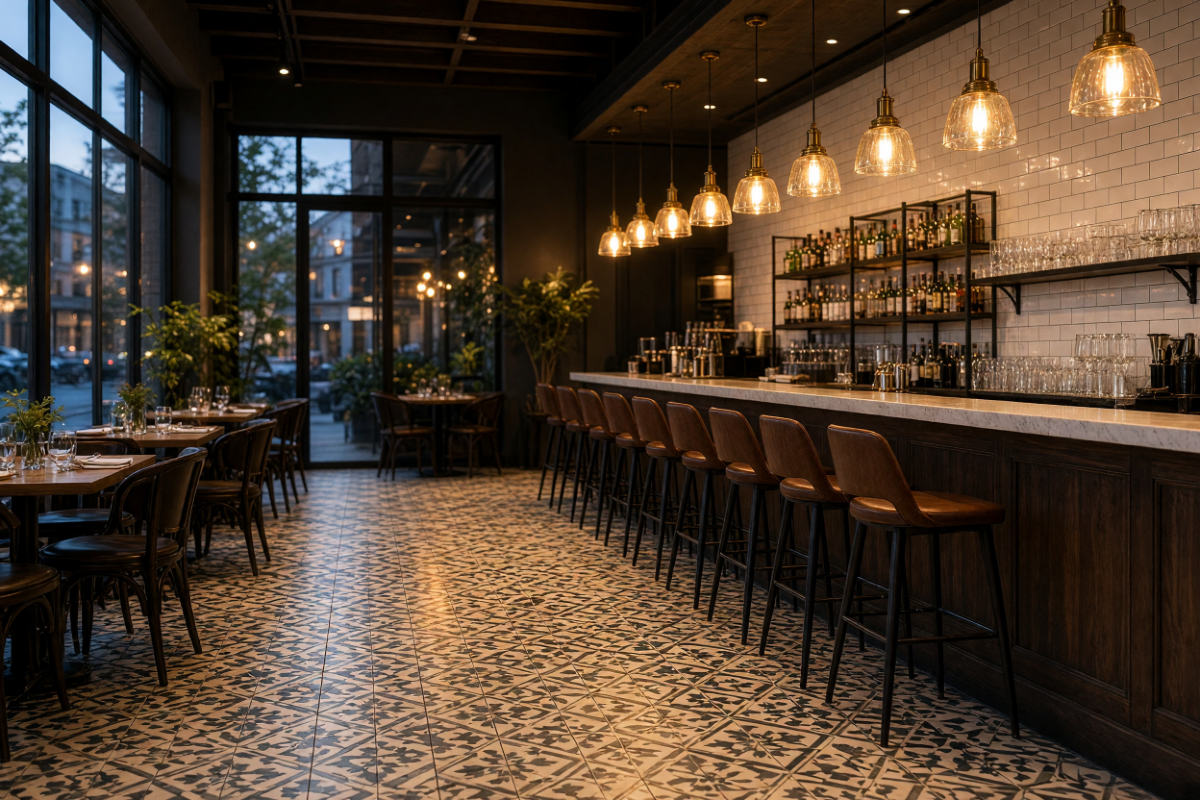 Restaurant with a patterned encaustic-style tile floor and a white subway tile bar wall under pendant lights