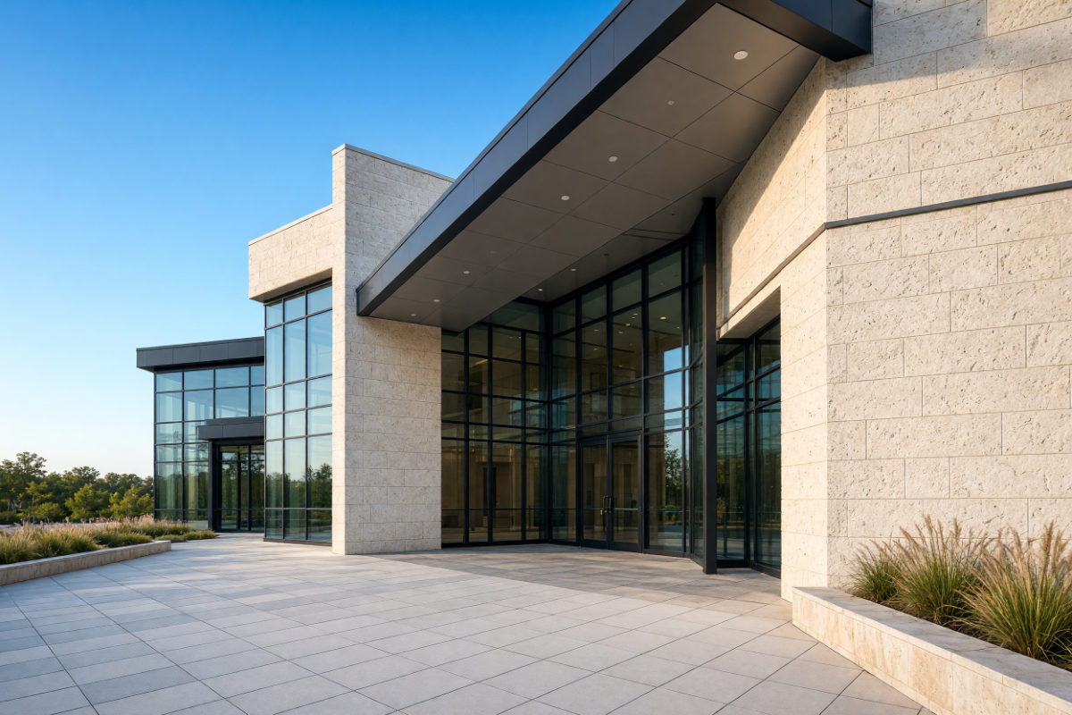 Building entrance clad in limestone with a paver plaza and a glass curtain wall under a clear sky