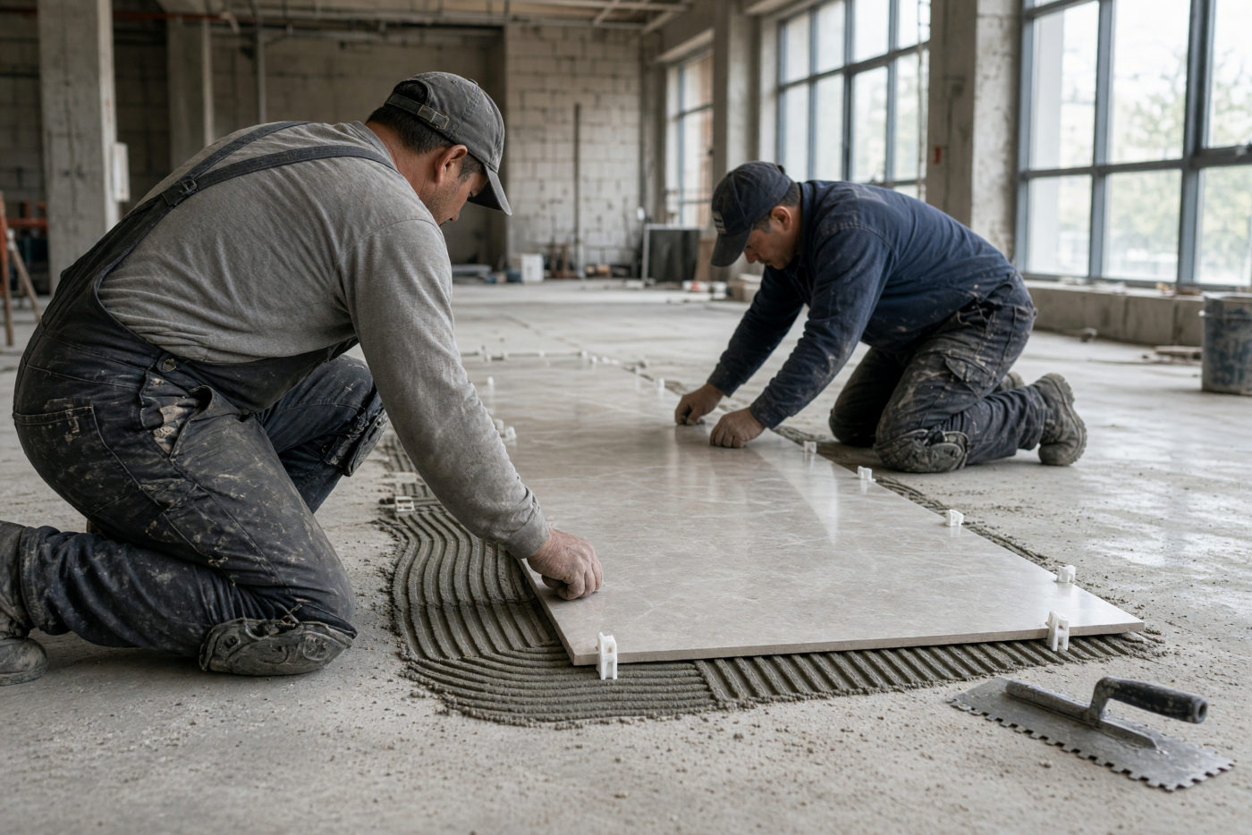 Two tile setters bedding a large-format stone tile onto notched-trowel mortar ridges, spacers set, in an unfinished commercial floor