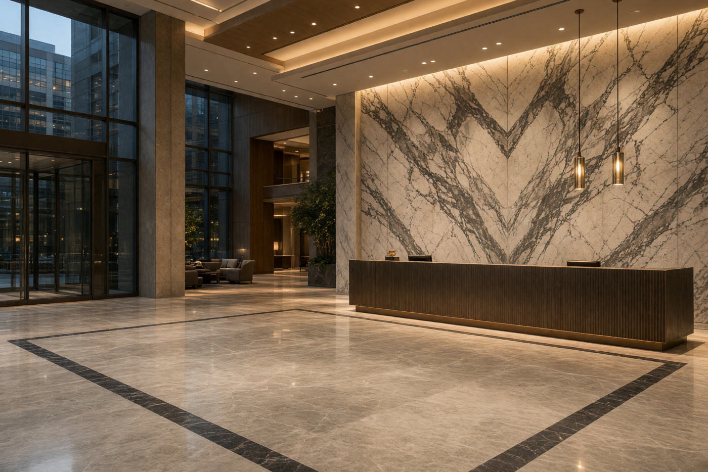 Hotel lobby at dusk with a polished stone floor, inlaid dark stone border and a bookmatched marble wall behind the desk
