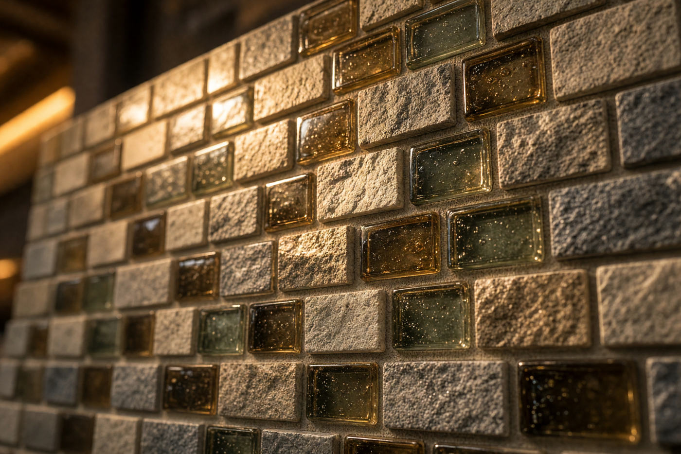 Stone and glass mosaic wall in warm light, a mix of textured and polished pieces